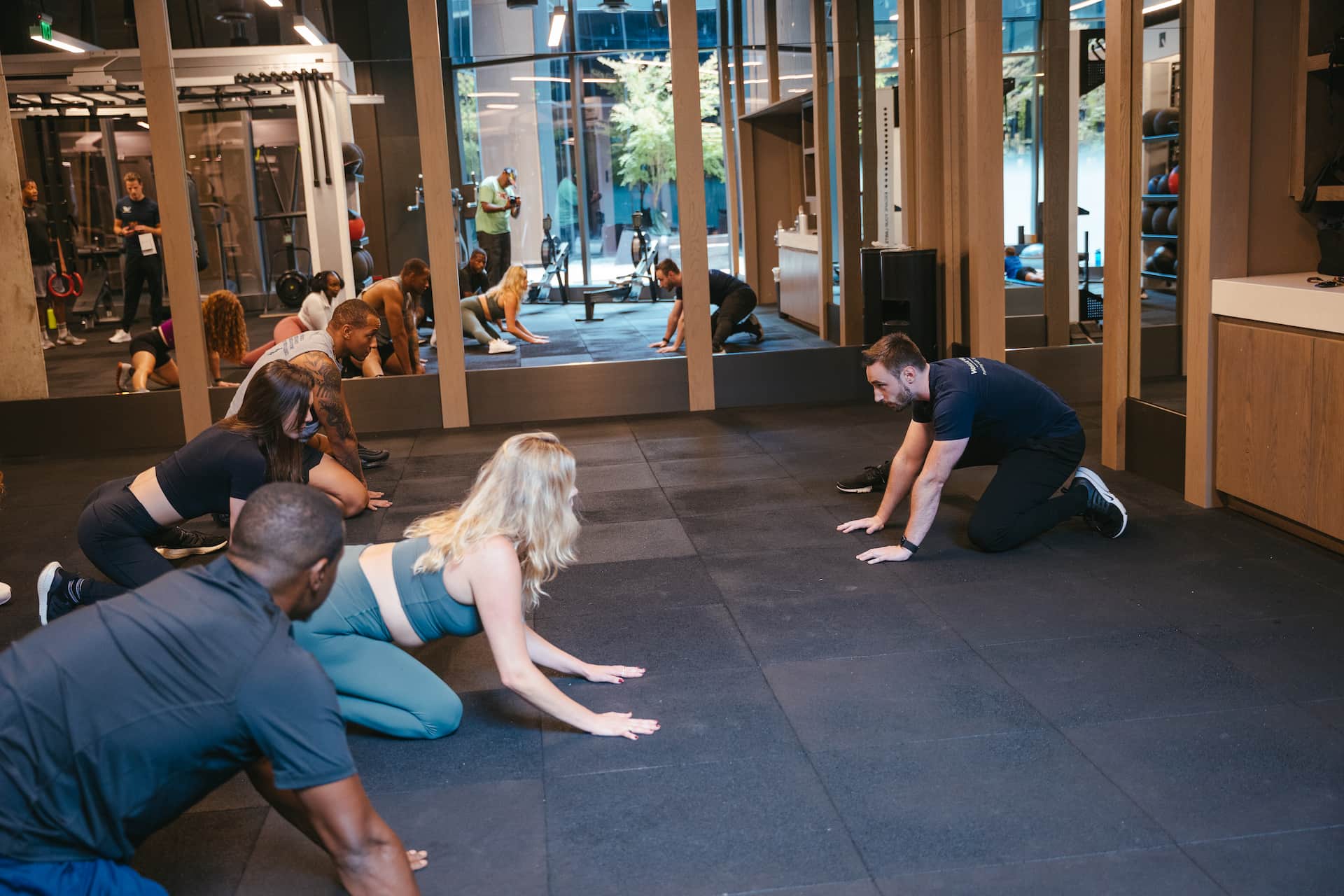 Employees stretching together during a WorkLife Wellness Energize group session